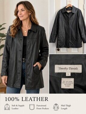 Timothy Daniels Women's Black 100% Leather Jacket Large Mid-Length Classic